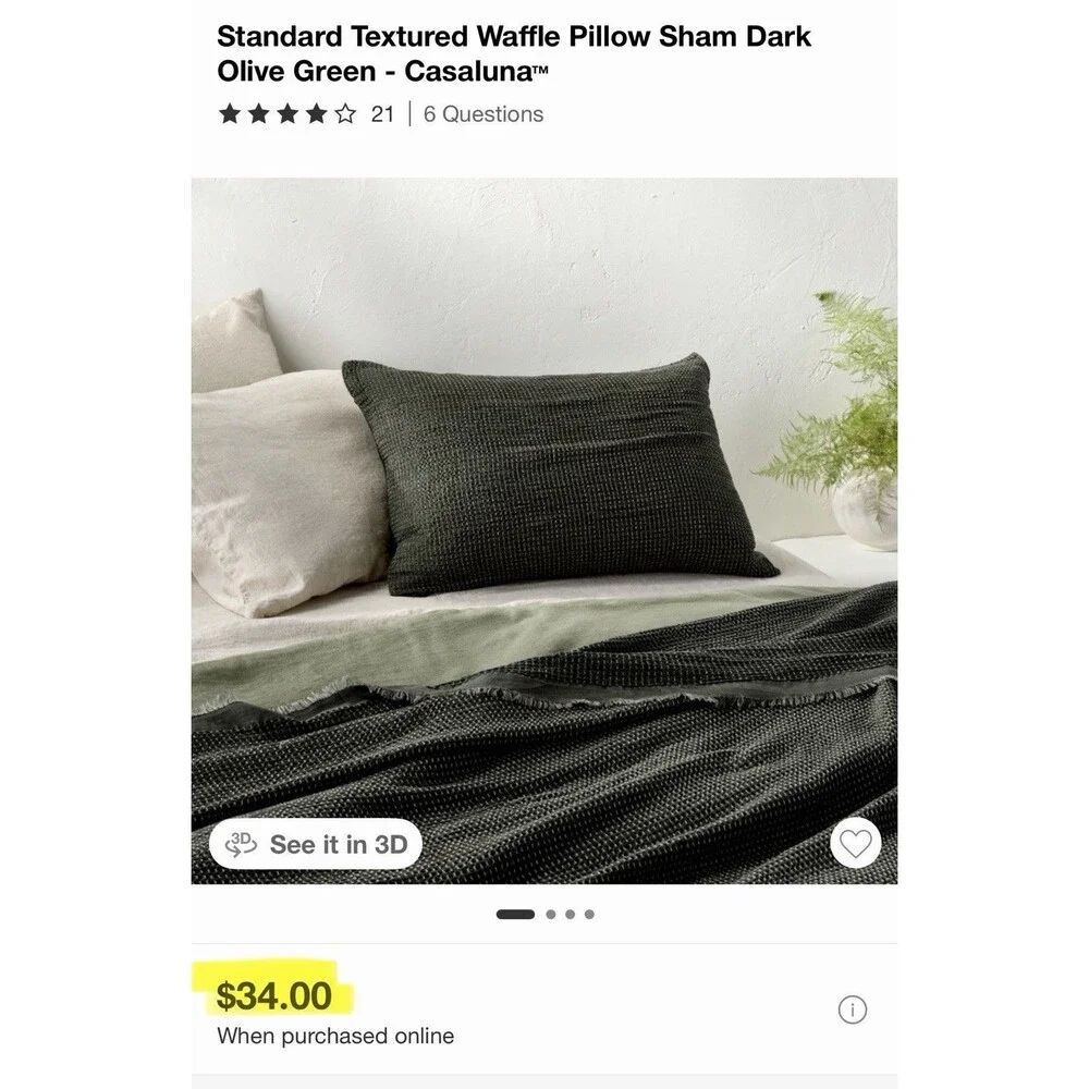 SET Textured Waffle Queen Coverlet & 2 Standard Shams Olive Green - Casaluna NEW